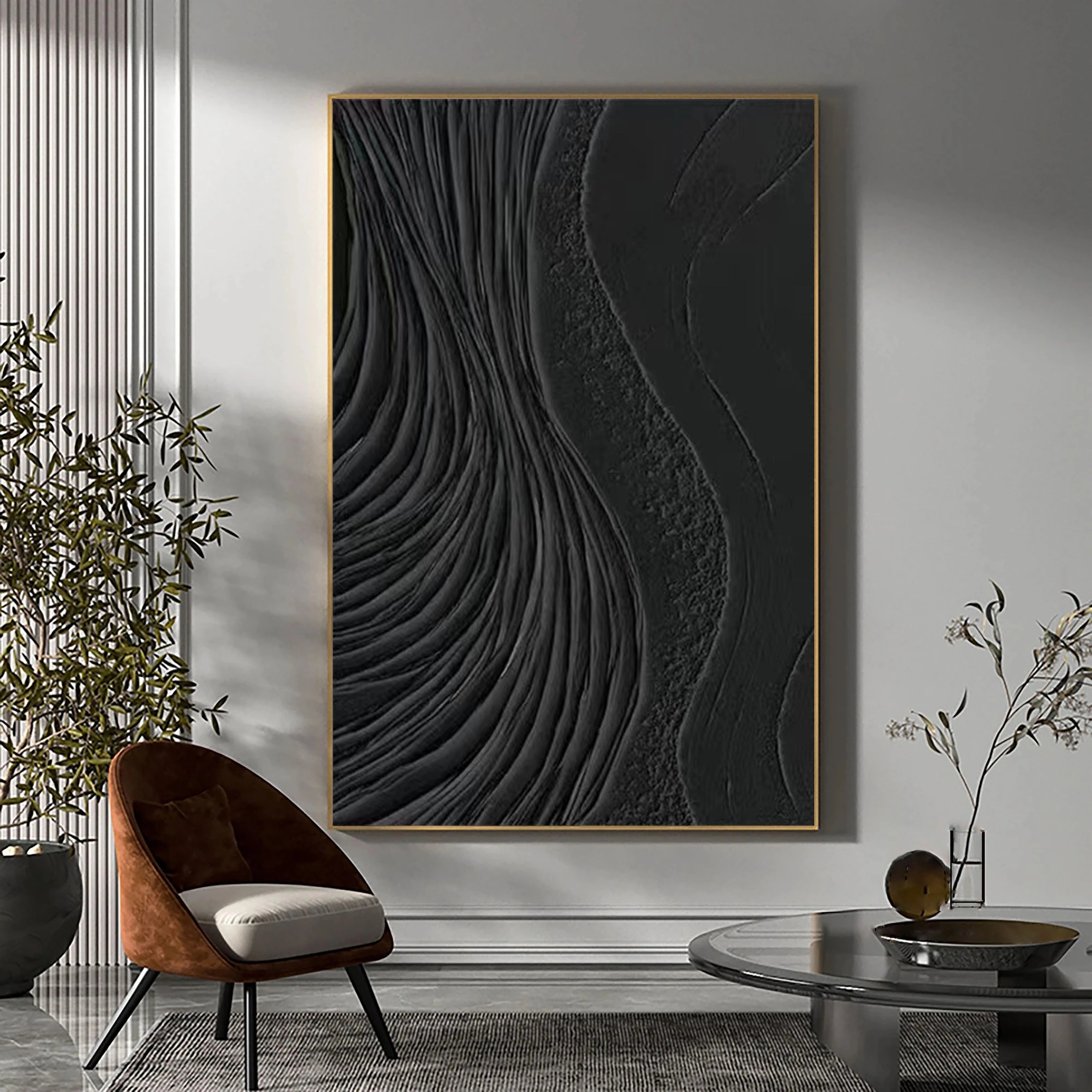 3D Textured Black Surf Minimalist Painting Modernism Wall Art For Living Room/Bedroom
