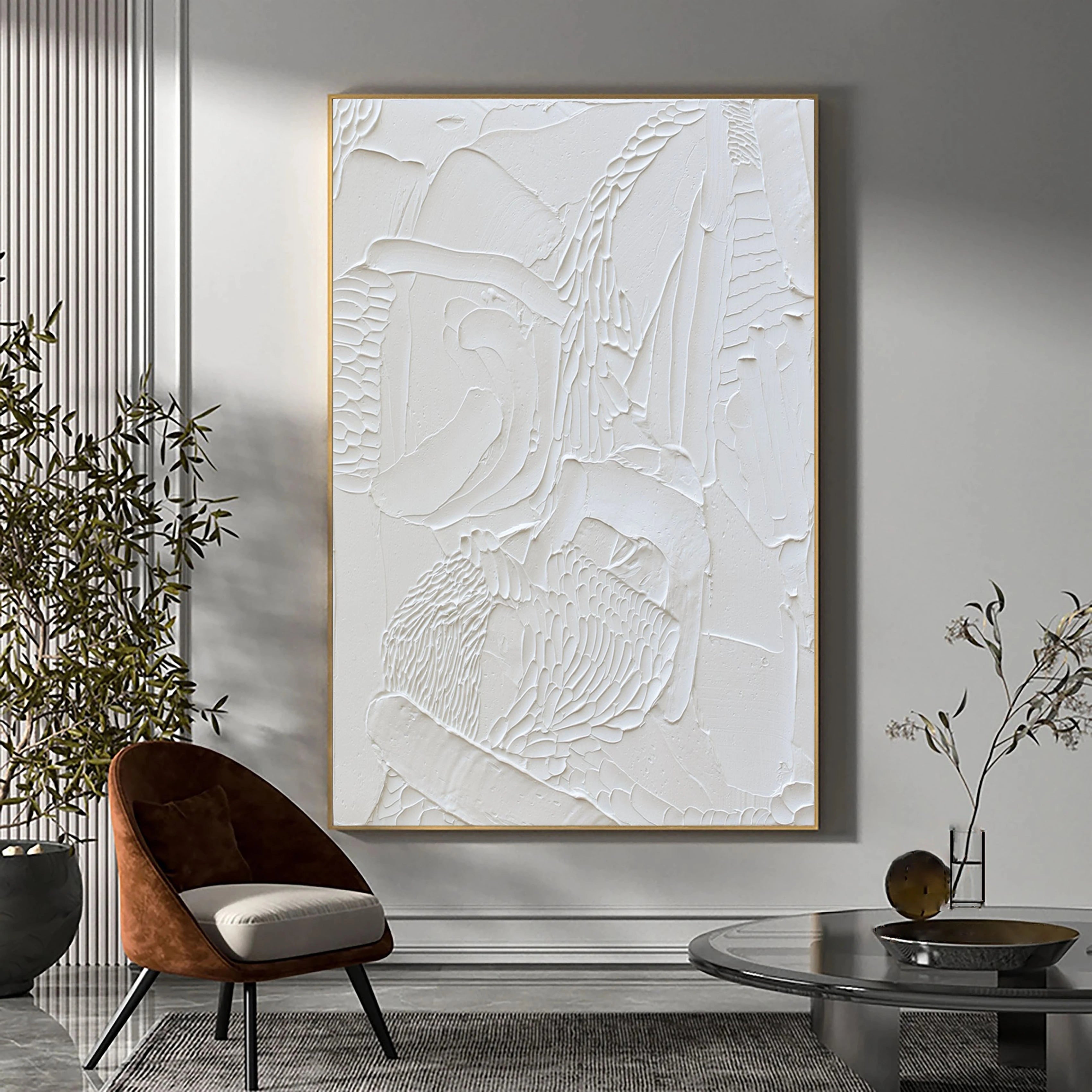 White Minimalistic Plaster 3D Textured Painting Wall Artwork Large Canvas