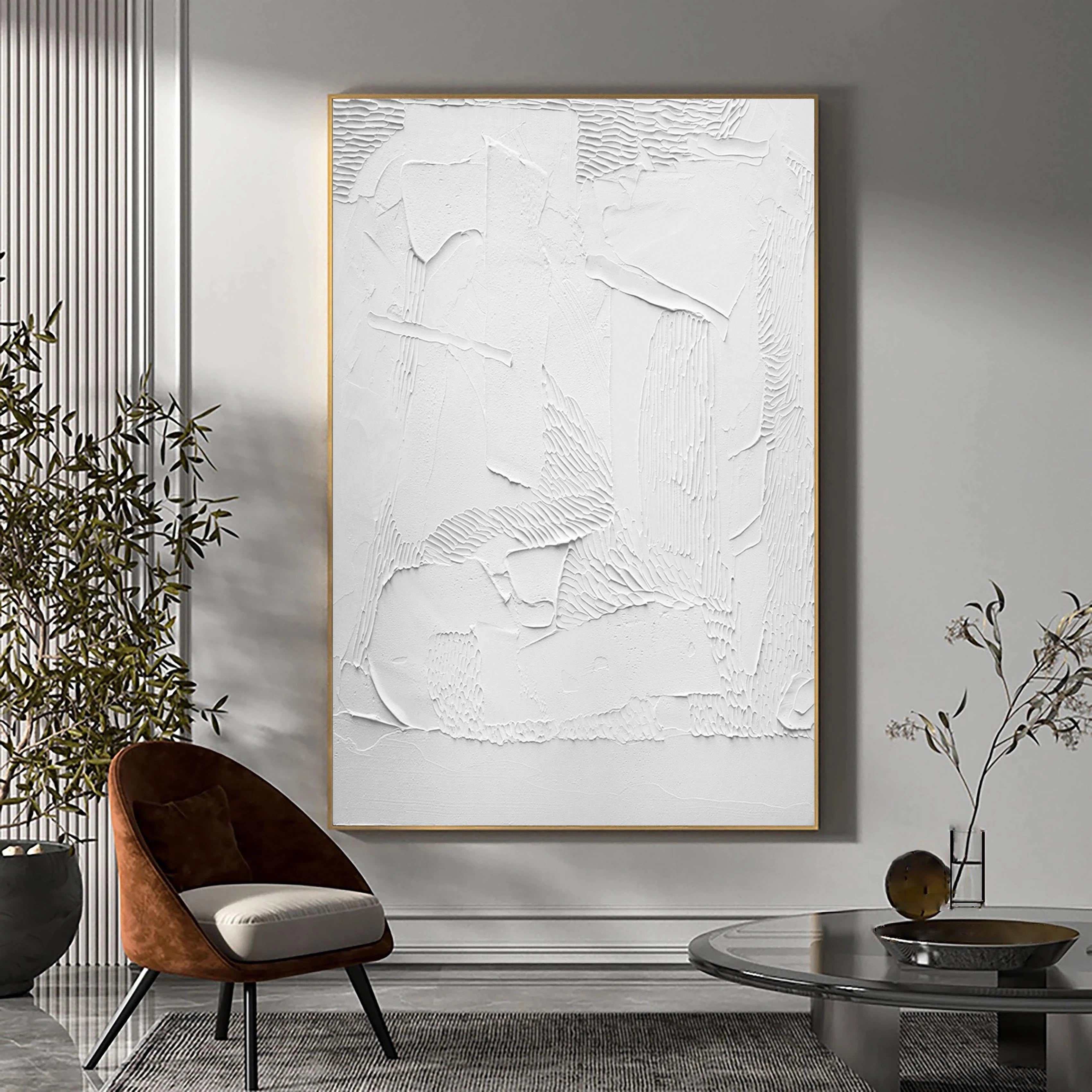 White Plaster 3D Textured Minimalist Large Painting on Canvas Wall Decor