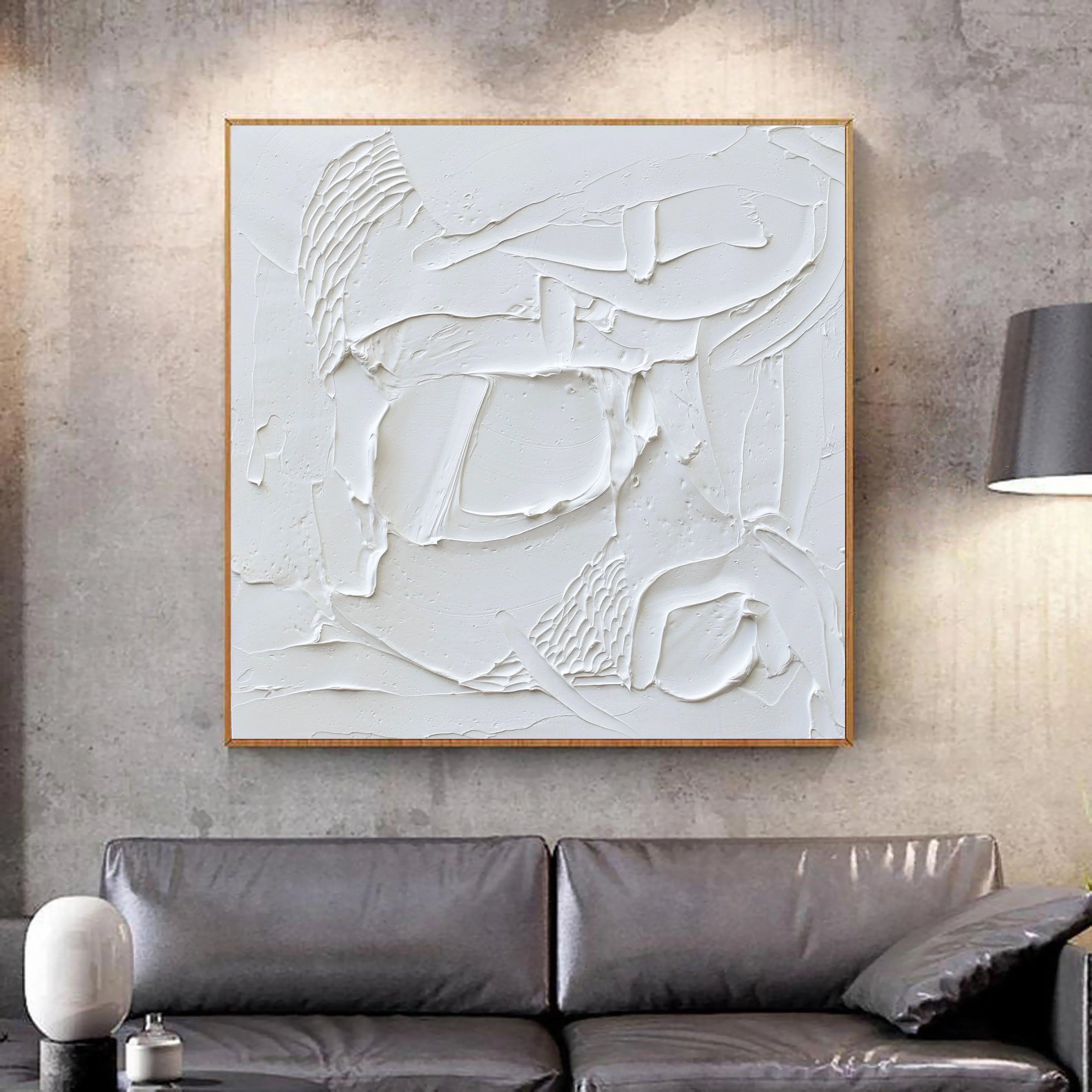 Minimalist White Plaster Art Painting on Canvas Original for Bedroom