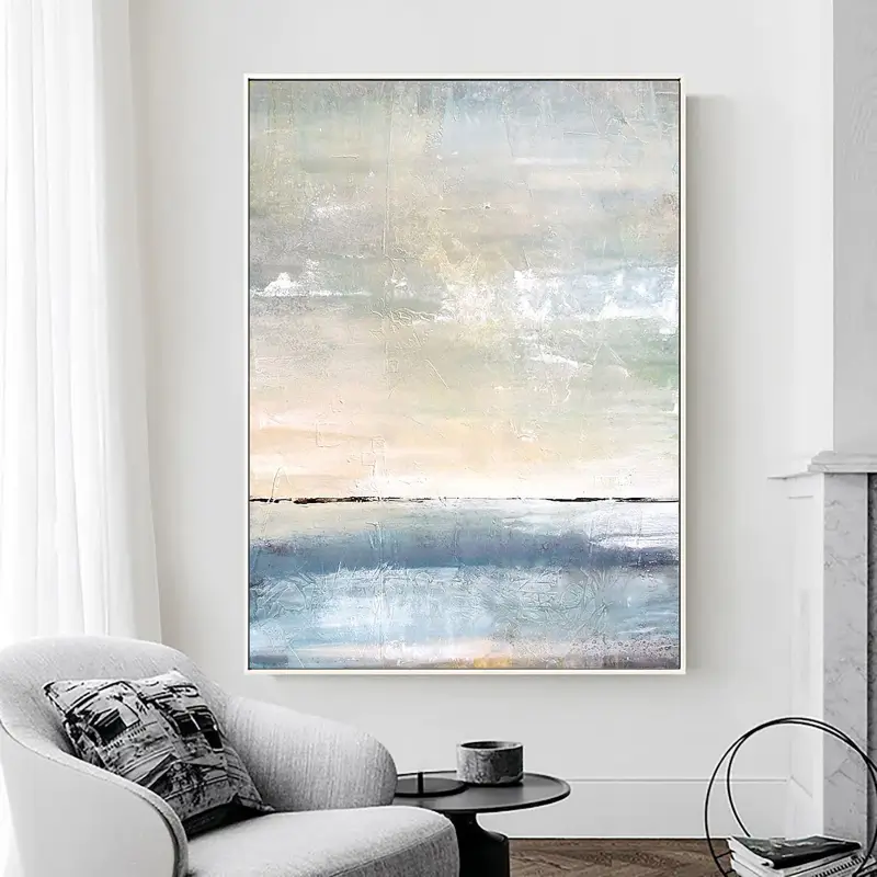 Colorful Ocean Sunset Abstract Painting On Canvas, Blue Marine Landscape Wall Art