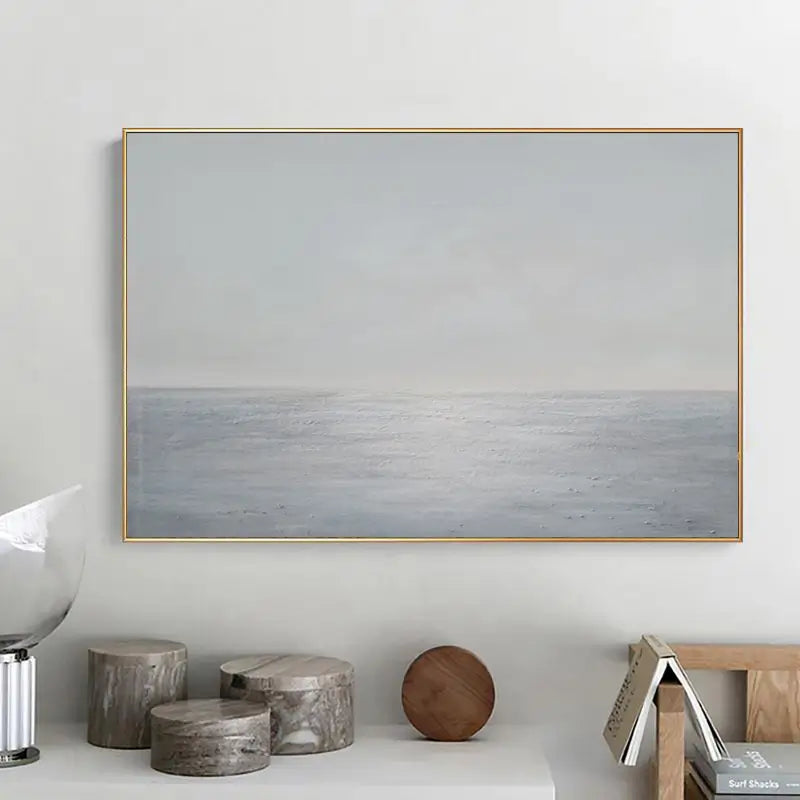 Light Blue Ocean Abstract Oil Painting, Handcrafted Sky and Sea Minimalist Framed Canvas