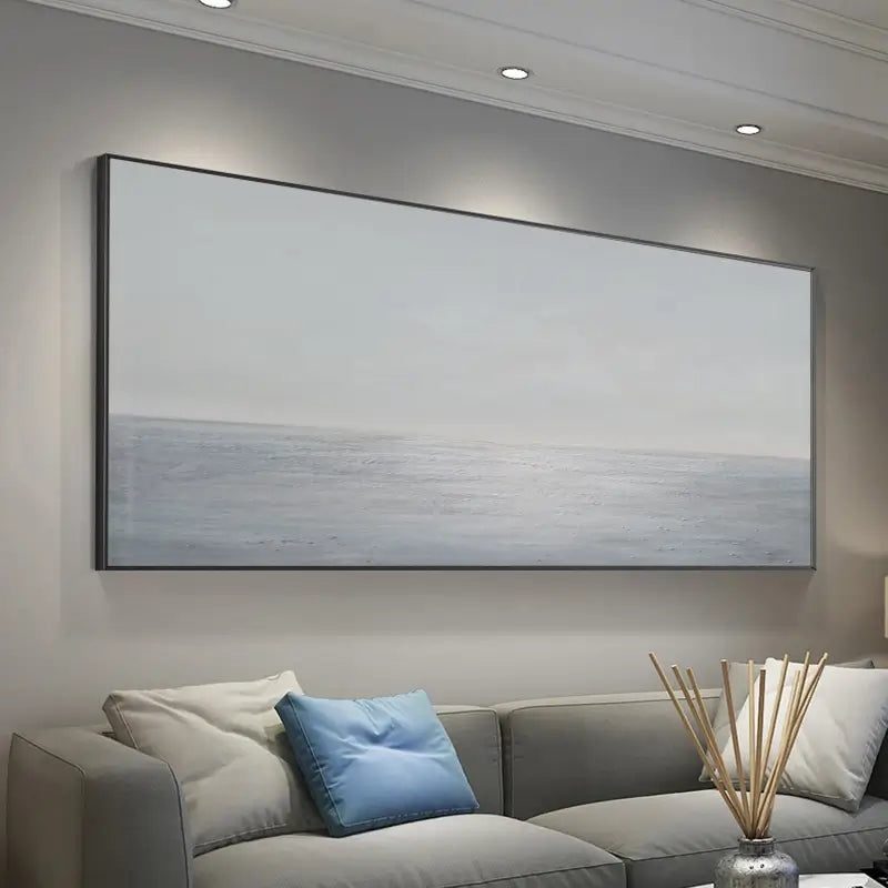 Light Blue Ocean Abstract Oil Painting, Handcrafted Sky and Sea Minimalist Framed Canvas