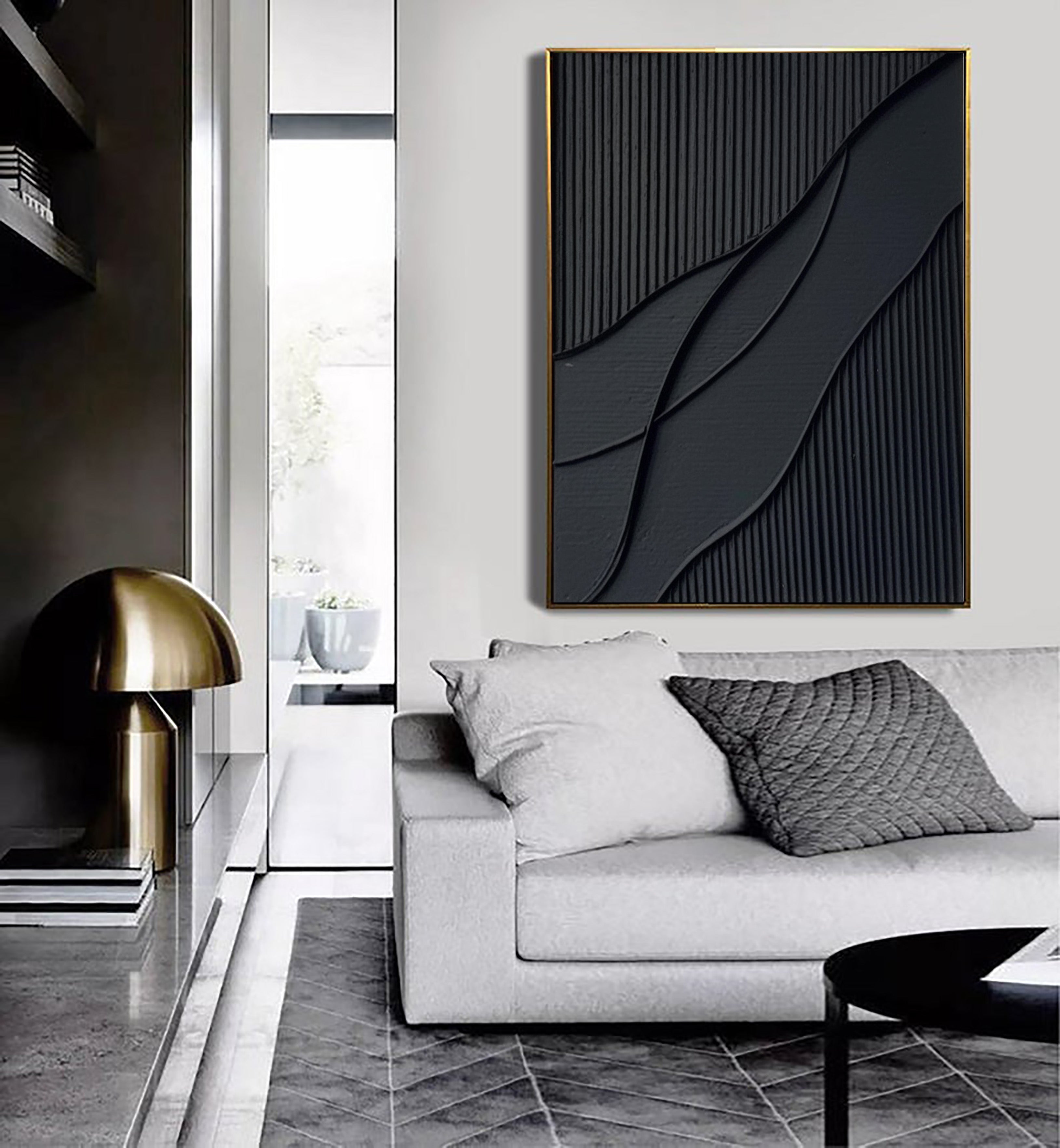 Black Rich Textured Minimalist Painting On Canvas, Large Modern Abstract Wall Art