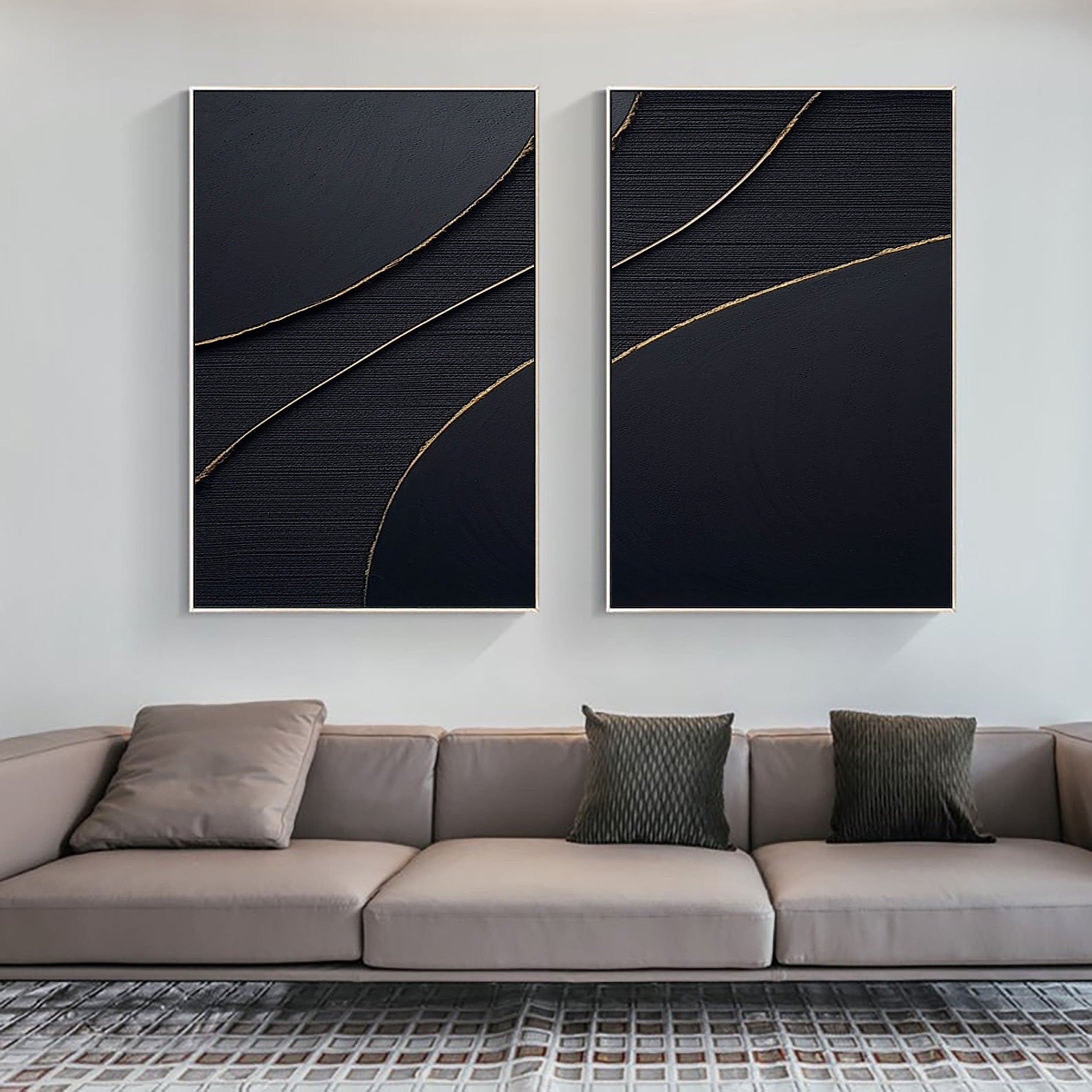 Gold Black Textured Minimalist Wall Art, Large Abstract Painting On Canvas