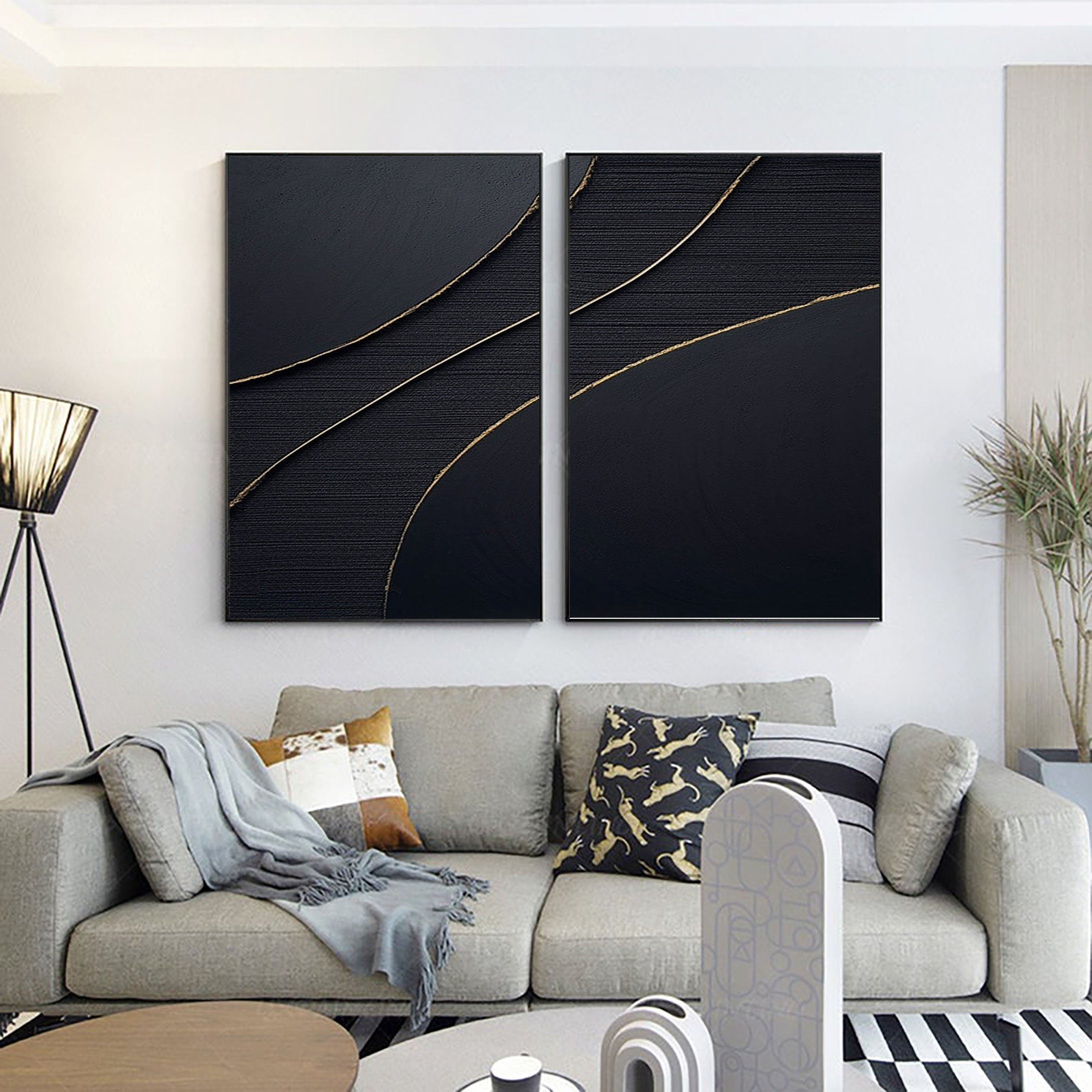Gold Black Textured Minimalist Wall Art, Large Abstract Painting On Canvas