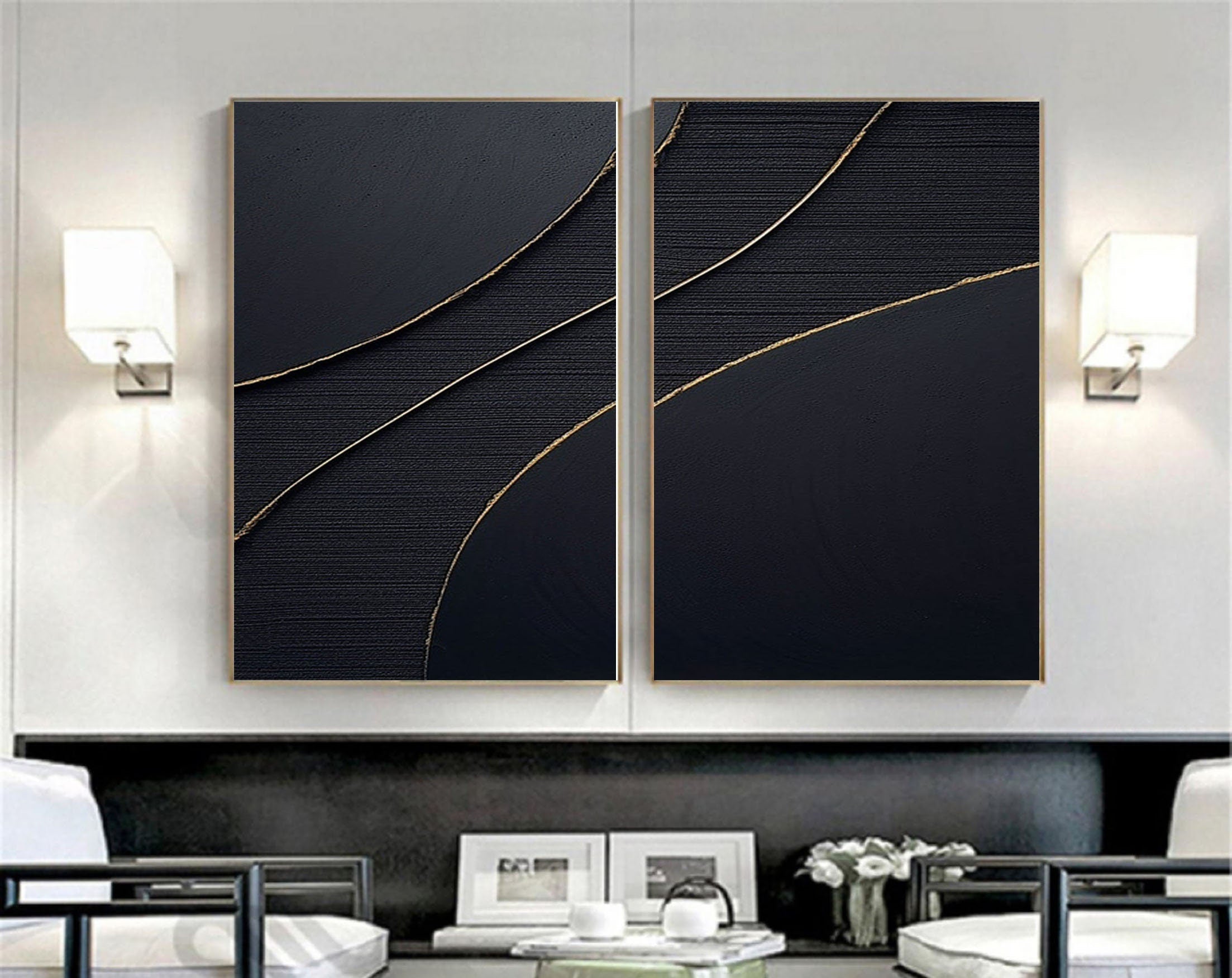 Gold Black Textured Minimalist Wall Art, Large Abstract Painting On Canvas