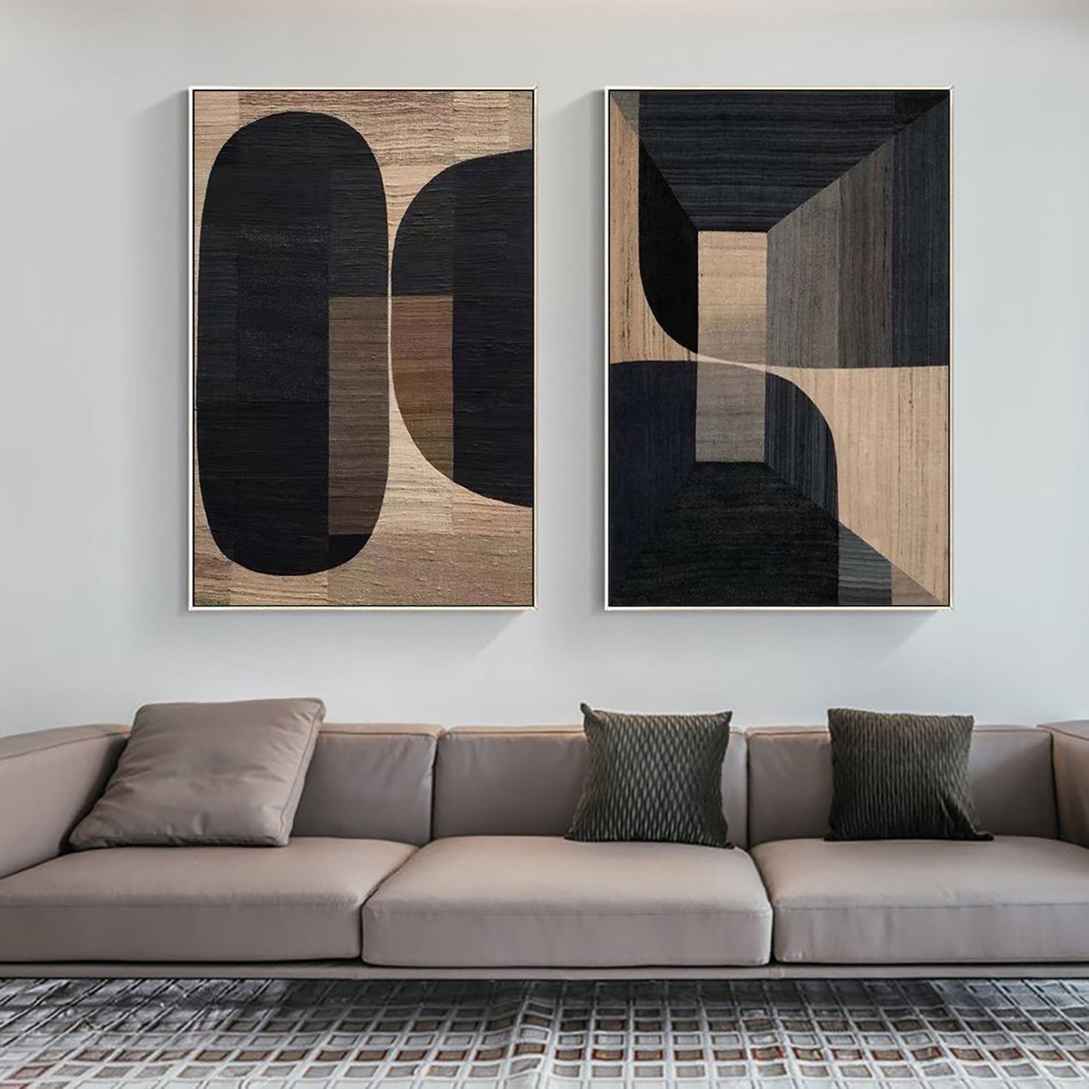 Geometric Wabi Sabi Black Brown Abstract Painting on Canvas for Living Room