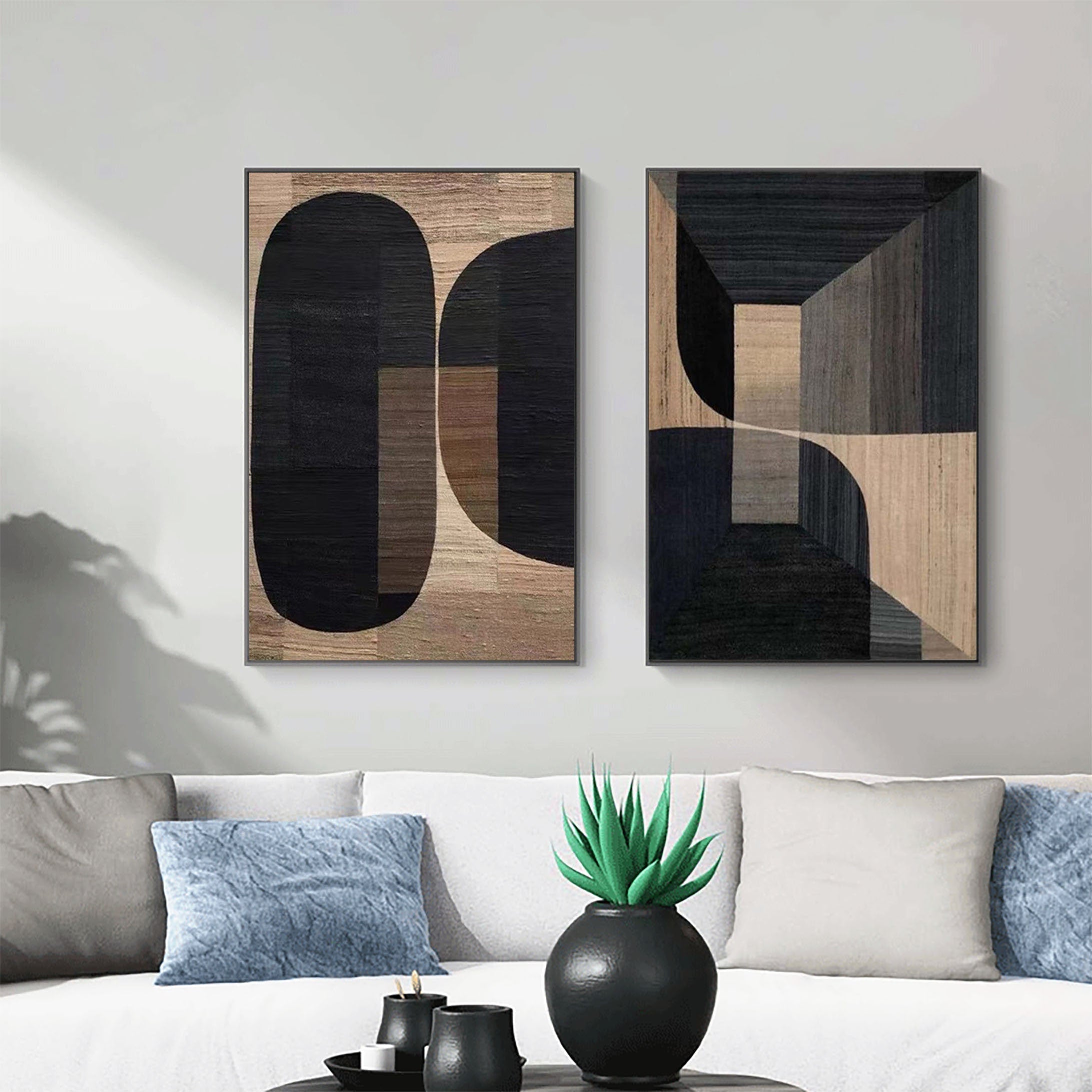 Geometric Wabi Sabi Black Brown Abstract Painting on Canvas for Living Room