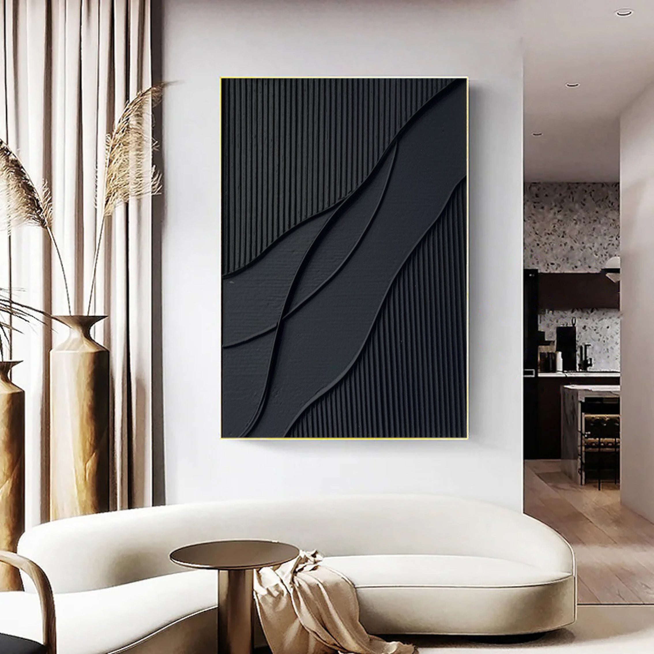 Black Rich Textured Minimalist Painting On Canvas, Large Modern Abstract Wall Art